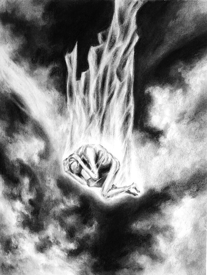 La chute, fusain, 65x50 cm