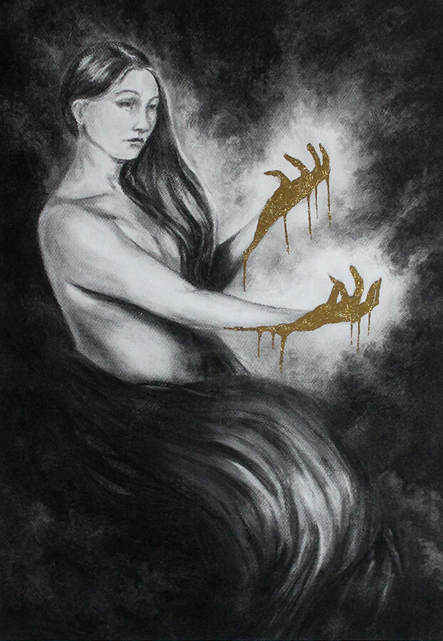 Les forges, fusain et feuille d'or, 50x65 cm